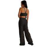 Black Sleeveless Sexy Tops Cut Out Pleated Wide Leg Jumpsuit Sets