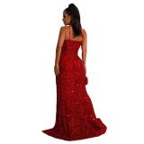 Black Strapless Low Cut Sequins Pleated Mesh Rhinestone Tassels Elegant Maxi Dress