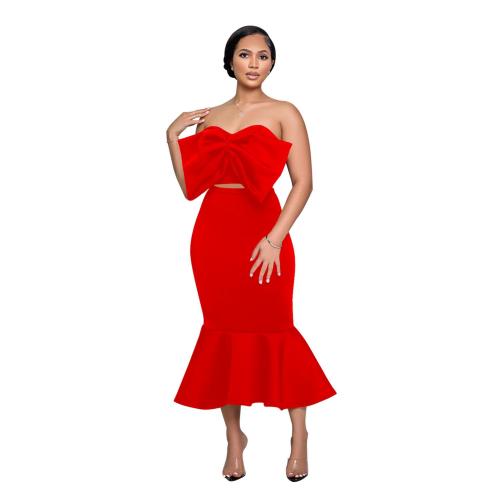 Red Two Pieces Fashion Women Bow Top+Pleated Skirt Sets 004