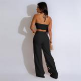 Black Strapless Rings Crop Top Sexy Hollow Out Hole Slim Fit Pant Sets