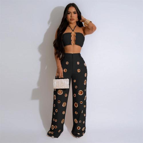 Black Strapless Rings Crop Top Sexy Hollow Out Hole Slim Fit Pant Sets