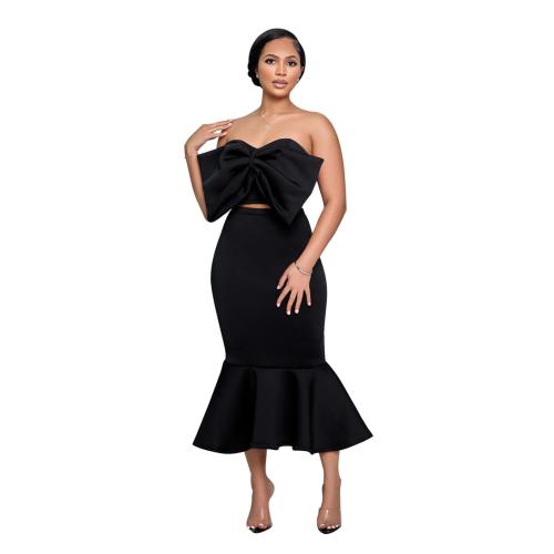 Black Two Pieces Fashion Women Bow Top+Pleated Skirt Sets