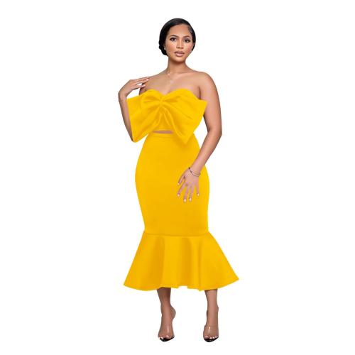 Yellow Two Pieces Fashion Women Bow Top+Pleated Skirt Sets