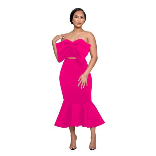 Rose Red Two Pieces Fashion Women Bow Top+Pleated Skirt Sets