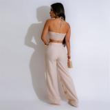 Beige Strapless Rings Crop Top Sexy Hollow Out Hole Slim Fit Pant Sets