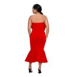 Red Two Pieces Fashion Women Bow Top+Pleated Skirt Sets 004