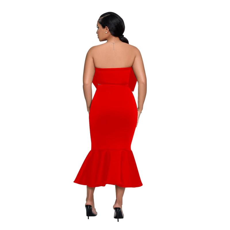 Red Two Pieces Fashion Women Bow Top+Pleated Skirt Sets 004