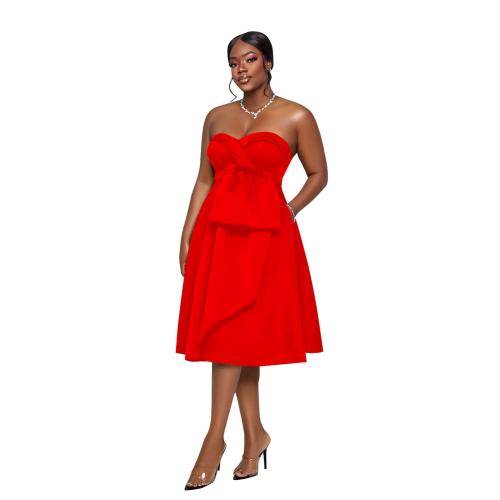 Red Off Shoulder Strapless Evening Pleated Fashion Midi Dress