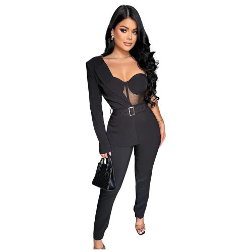 Black One Sleeve Mesh Sexy Pleated Party Jumpsuit Dress