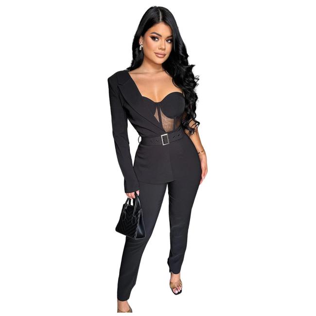 Black One Sleeve Mesh Sexy Pleated Party Jumpsuit Dress
