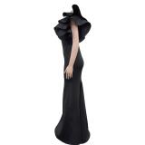 Black Ruffles Shoulder V Neck Elegant Bodycon Women Long Formal Dress