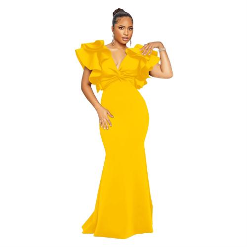 Yellow Ruffles Shoulder V Neck Elegant Bodycon Women Long Formal Dress