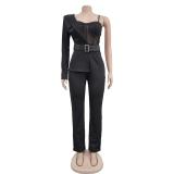 Black One Sleeve Mesh Sexy Pleated Party Jumpsuit Dress