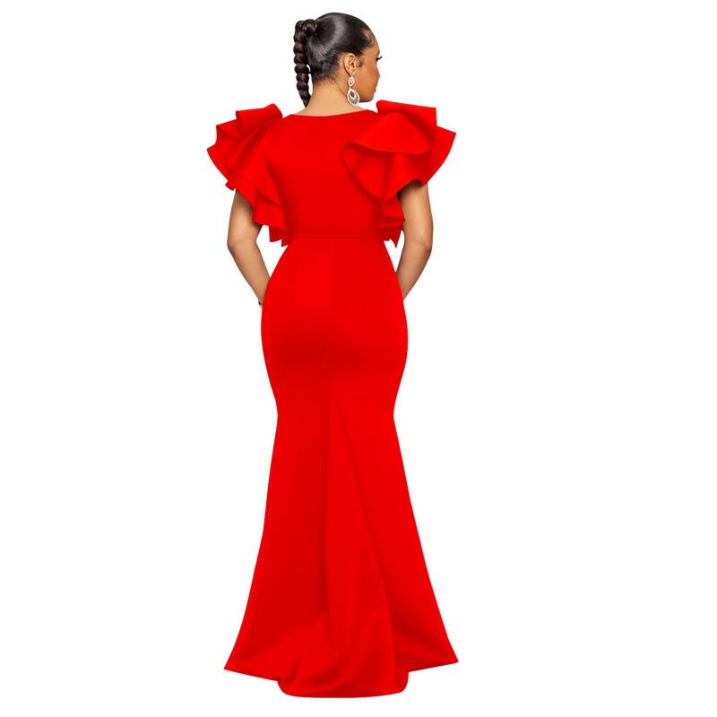 Red Ruffles Shoulder V Neck Elegant Bodycon Women Long Formal Dress