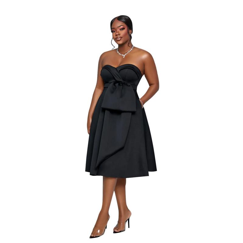 Black Off Shoulder Strapless Evening Pleated Fashion Midi Dress