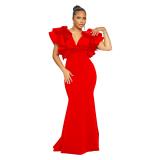 Red Ruffles Shoulder V Neck Elegant Bodycon Women Long Formal Dress