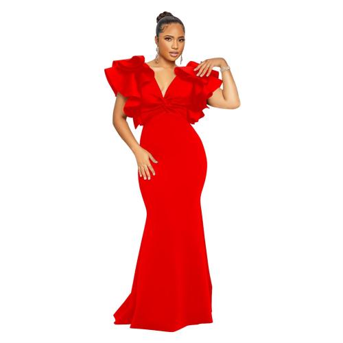 Red Ruffles Shoulder V Neck Elegant Bodycon Women Long Formal Dress
