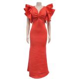 Red Ruffles Shoulder V Neck Elegant Bodycon Women Long Formal Dress