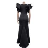 Black Ruffles Shoulder V Neck Elegant Bodycon Women Long Formal Dress