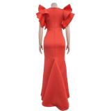 Red Ruffles Shoulder V Neck Elegant Bodycon Women Long Formal Dress