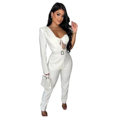 White One Sleeve Mesh Sexy Pleated Party Jumpsuit Dress