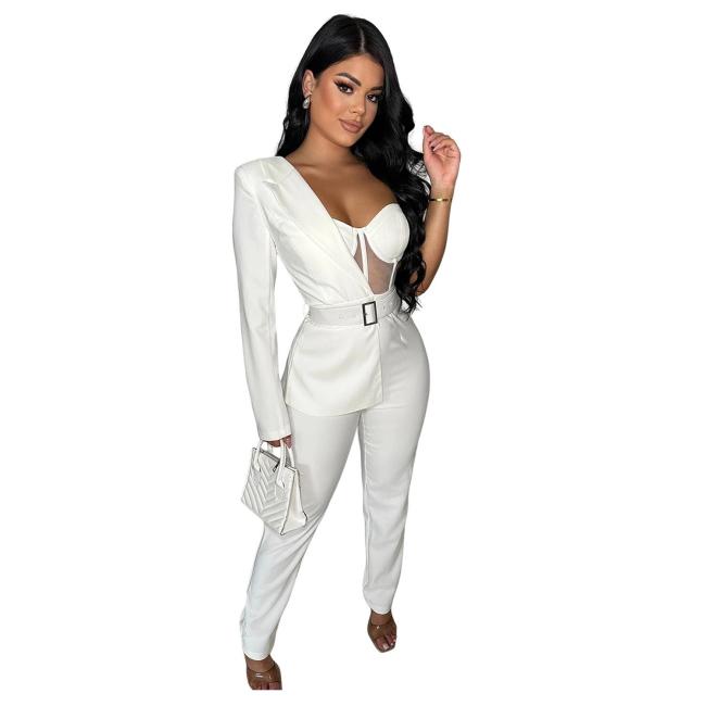 White One Sleeve Mesh Sexy Pleated Party Jumpsuit Dress