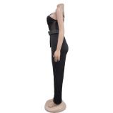 Black One Sleeve Mesh Sexy Pleated Party Jumpsuit Dress