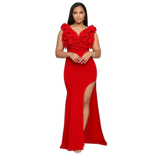 Red Sleeveless V Neck Ruffles Bodycon High Slit Maxi Dress