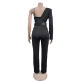 Black One Sleeve Mesh Sexy Pleated Party Jumpsuit Dress