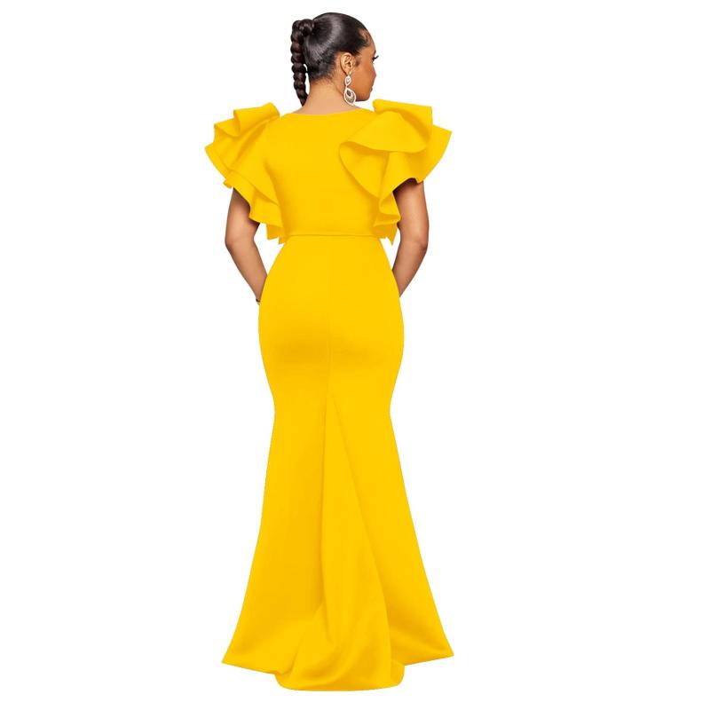 Yellow Ruffles Shoulder V Neck Elegant Bodycon Women Long Formal Dress
