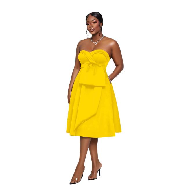 Yellow Off Shoulder Strapless Evening Pleated Fashion Midi Dress