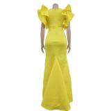 Yellow Ruffles Shoulder V Neck Elegant Bodycon Women Long Formal Dress