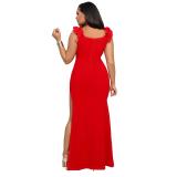 Red Sleeveless V Neck Ruffles Bodycon High Slit Maxi Dress