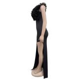 Black Sleeveless V Neck Ruffles Bodycon High Slit Maxi Dress