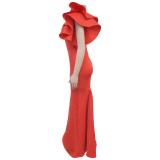 Red Ruffles Shoulder V Neck Elegant Bodycon Women Long Formal Dress