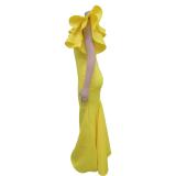 Yellow Ruffles Shoulder V Neck Elegant Bodycon Women Long Formal Dress