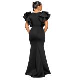 Black Ruffles Shoulder V Neck Elegant Bodycon Women Long Formal Dress