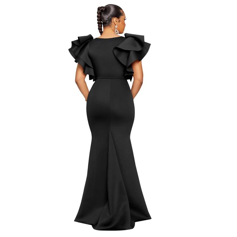 Black Ruffles Shoulder V Neck Elegant Bodycon Women Long Formal Dress