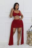 Red Strapless Mesh Crop Tops Pleated Sexy Club Ruffles Skirt Dress