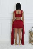 Red Strapless Mesh Crop Tops Pleated Sexy Club Ruffles Skirt Dress
