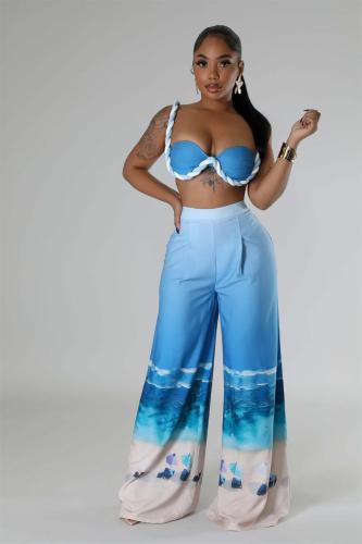 Sky Blue Strapless Crop Top Printed Wide Leg Pant Sets Party Dres