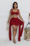 Red Strapless Mesh Crop Tops Pleated Sexy Club Ruffles Skirt Dress