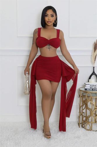 Red Strapless Mesh Crop Tops Pleated Sexy Club Ruffles Skirt Dress