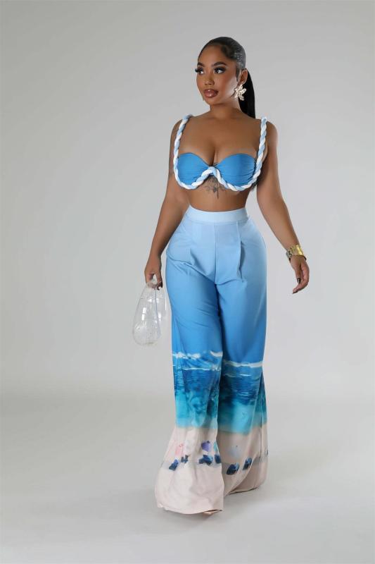 Sky Blue Strapless Crop Top Printed Wide Leg Pant Sets Party Dres