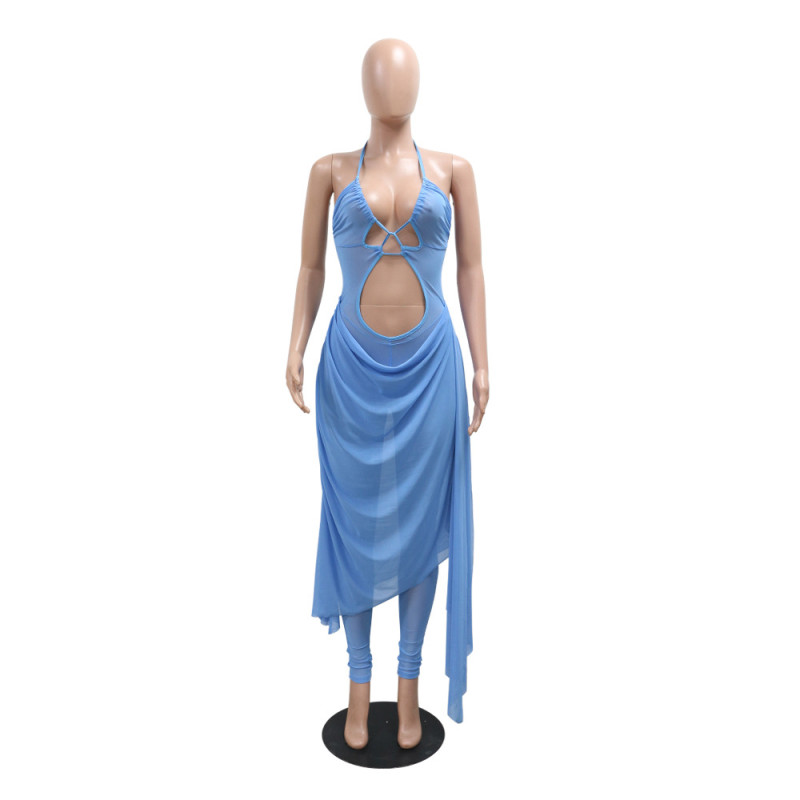 Blue Mesh Halter See Through Hollow Out Party Sexy Jumpsuits