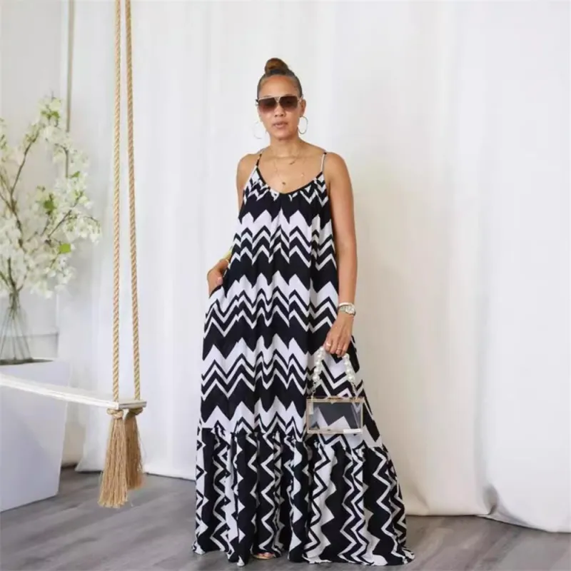 Black Halter Low Cut Printed Wave Fashion Women Vacation Floral Dress