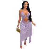 Purple Mesh Halter See Through Hollow Out Party Sexy Jumpsuits