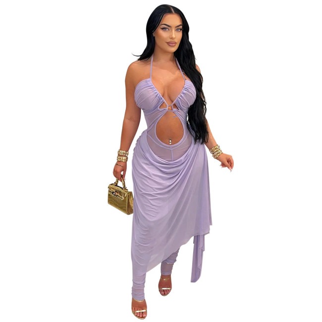 Purple Mesh Halter See Through Hollow Out Party Sexy Jumpsuits