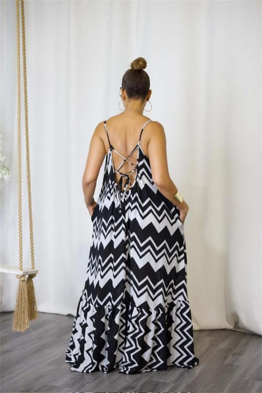 Black Halter Low Cut Printed Wave Fashion Women Vacation Floral Dress