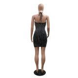 Black Halter Rhinestones Tassel Bodycon Sexy Party Dress